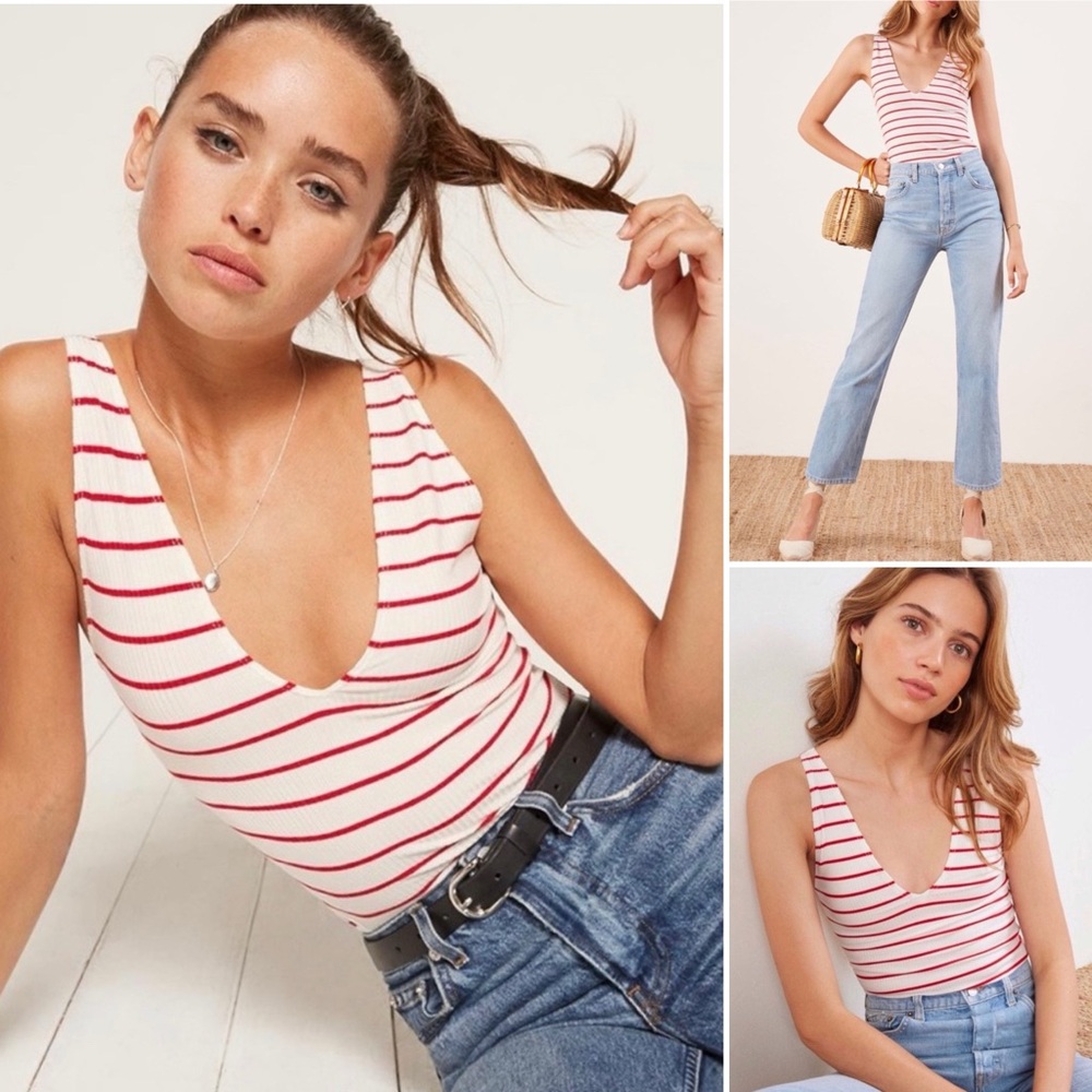 Reformation Maui Tank Top Size XL Striped Sustainable Nautical Deep V Red White